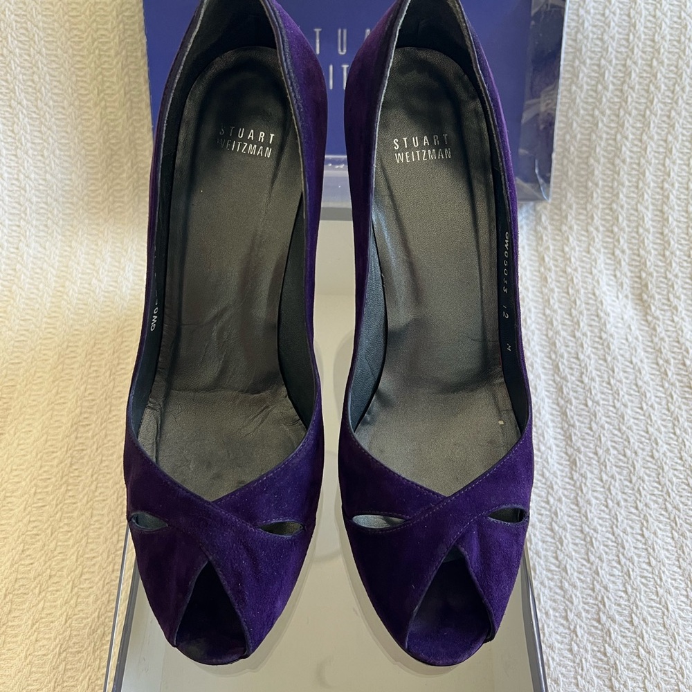 Stuart Weitzman Swag Dark Purple Suede Peep-Toe Heels 12M